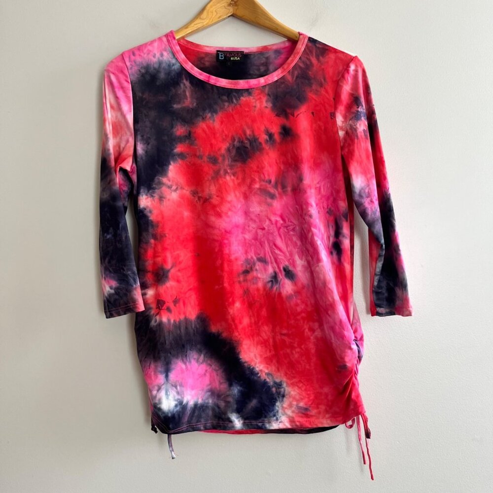 B Famous Tie- Dyed Shirt Womens L Red/Navy 3/4 Sleeve Rouched Stretch